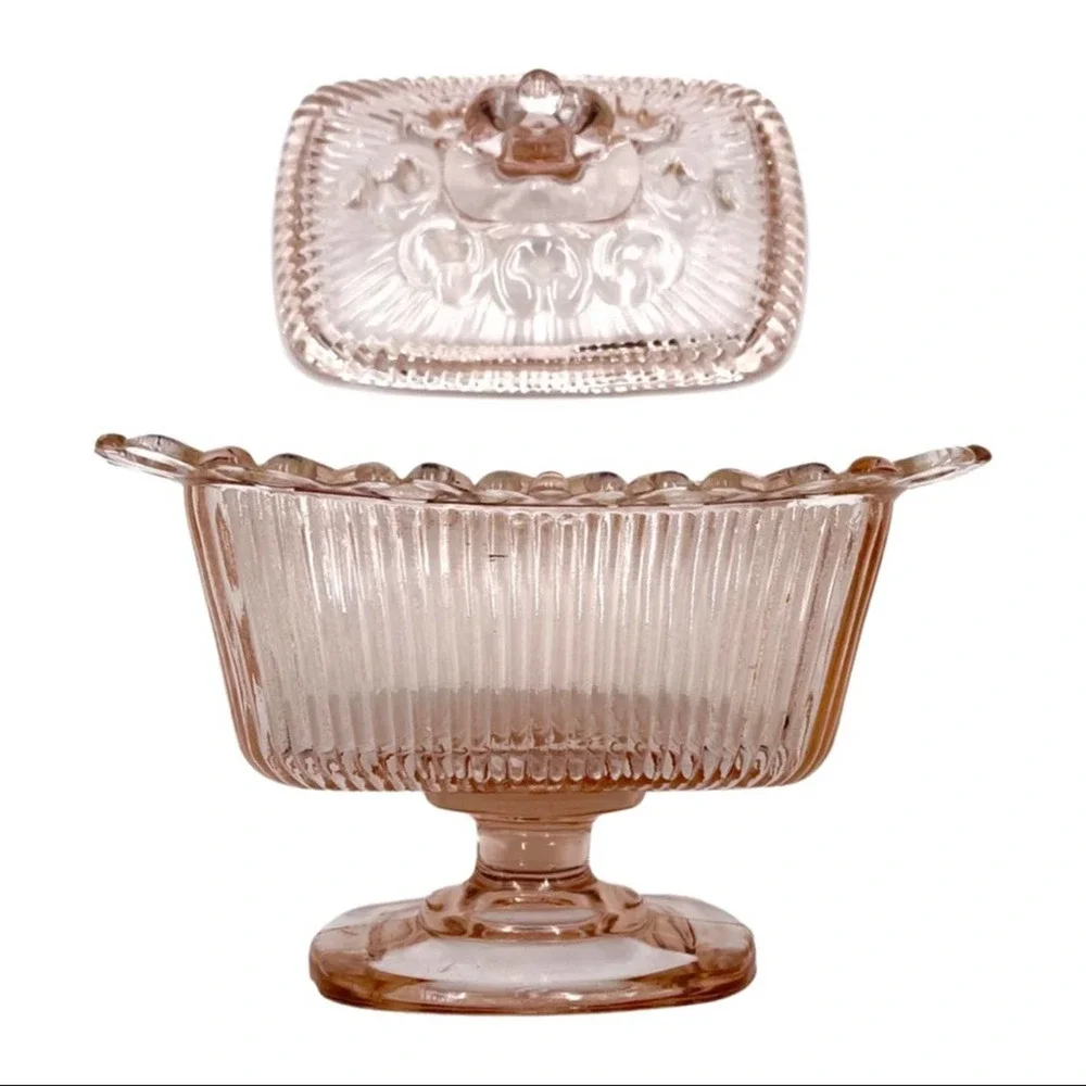 VINTAGE pink glass butter - sauce - grated cheese - container